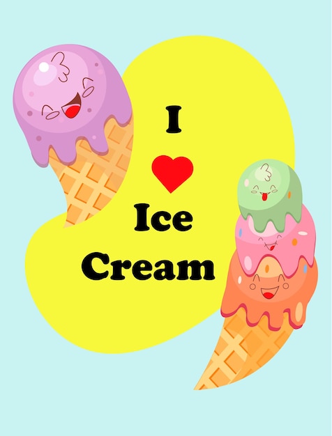 Cartolina estiva con due gelati dalle emozioni allegre diverse dimensioni e gusti con corno a cono i love ice cream