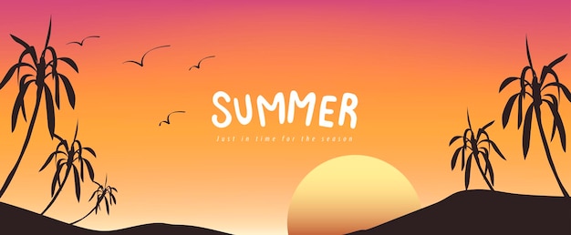 Vector summer poster banner background template with scenic sunset on tropical beach