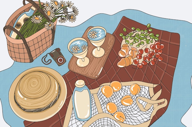 Vector summer poster picnic in nature with fruit and a hat