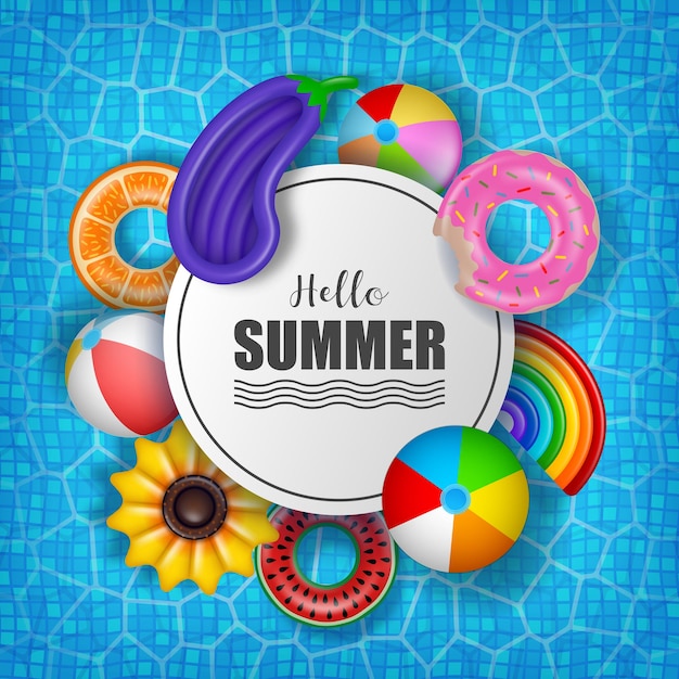 Summer poster with colorful inflatables on pool water background