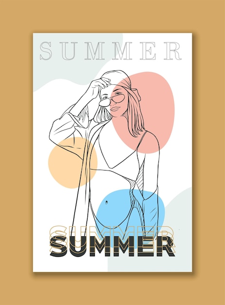 Summer poster with concept of beautiful woman in swimsuit in line art style