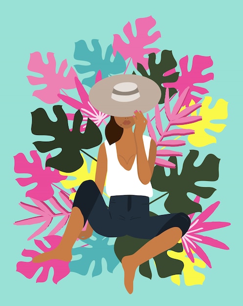 Vector summer poster with girl and palm leaves.