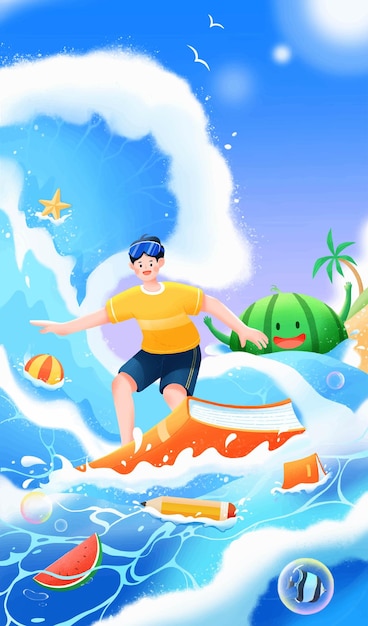 男サーフィンと夏の要素の夏のポスター