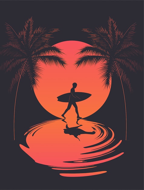 Summer poster with walking surfer silhouette at sunset and reflection on the water and palm silhouettes. illustration