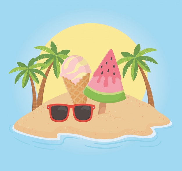 summer poster with watermelon ice cream in seascape