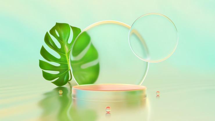 Vector summer product podium summer sale glass podium show template pedestal monstera leaf green leaf