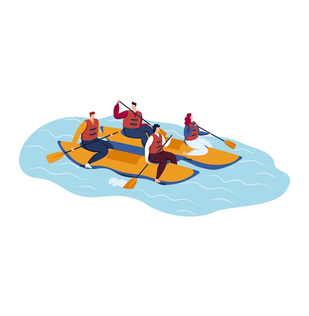 Summer recreation at river nature paddle sport and tourism\
leisure vector illustration flat tourist character in fun travel\
boat activity at water