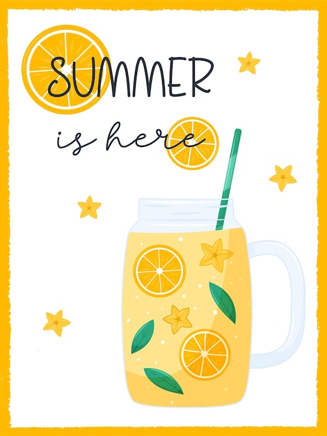 Vector summer rectangular card with orange lemonade in a jar citrus fruits and mint leaves refreshing drink postcard with the words summer is here vector illustration in a flat cartoon style on white