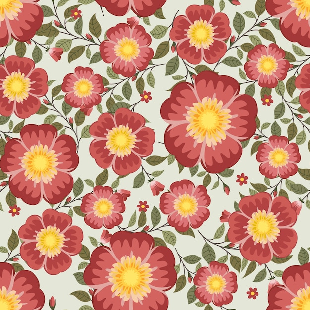 Summer red flowers wreath ivy style with branch and leaves, Seamless pattern