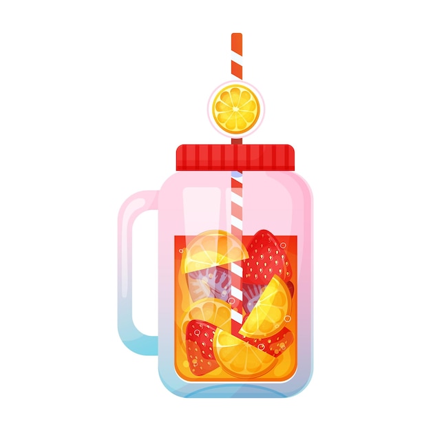 Vector summer refreshing lemonade with berries in glass jar cocktail with strawberries lemon orange