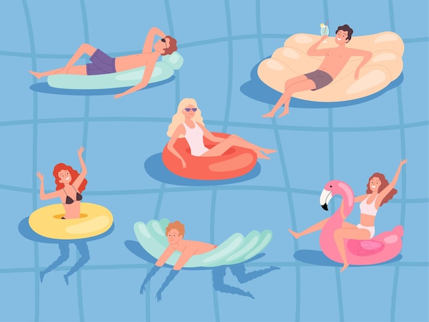 여름은 고무 매트리스에서 수영하는 바다 소년과 소녀에서 휴식을 취합니다.