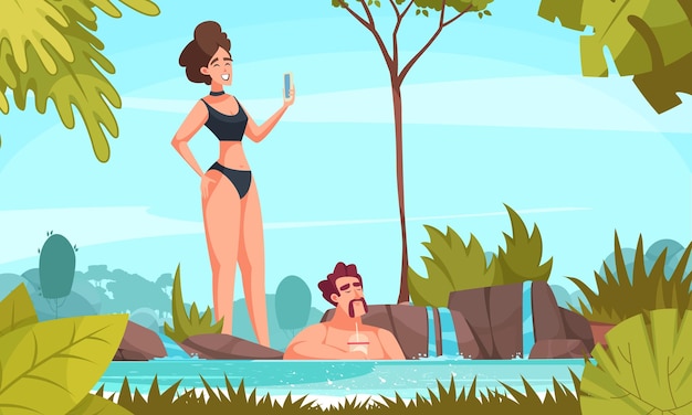Vector summer relaxing at nature cartoon background with couple swimming together in thermal waters or river flat vector illustration