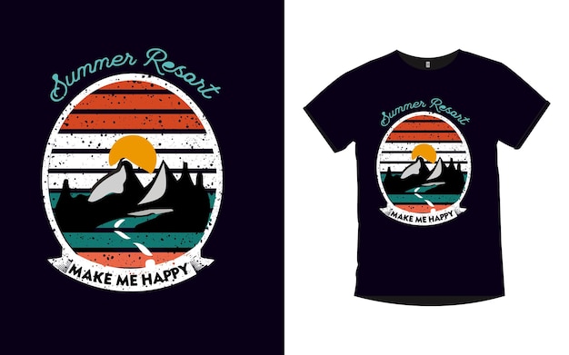 Vector a summer resort t shirt with mountains and a lake on the front