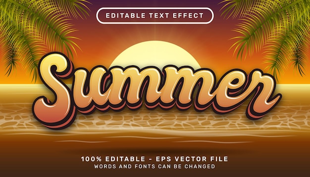 летний ретро цвет 3d редактируемый текстовый эффект и закат на фоне морского пейзажа