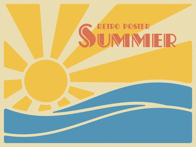 Vector summer retro poster. sun over the sea waves.