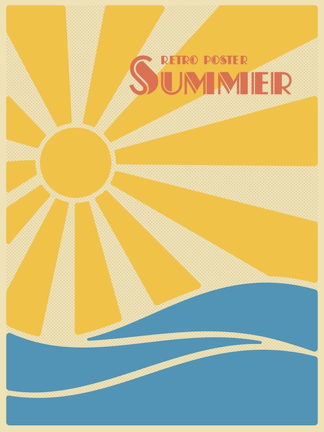 Summer retro poster. Sun over the sea waves.