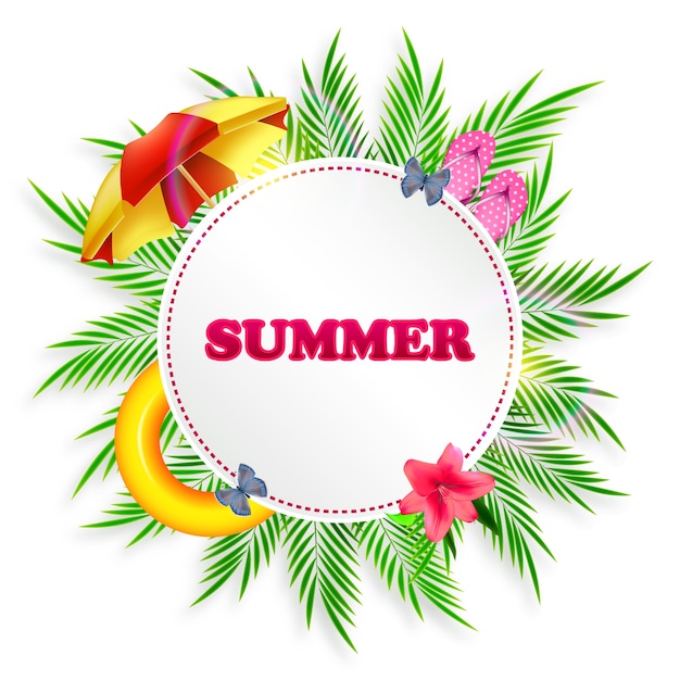 Summer round illustration with palm leaves