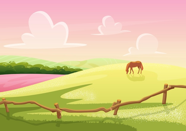 Summer rural glade hills view with grazed horse on the field game landscape