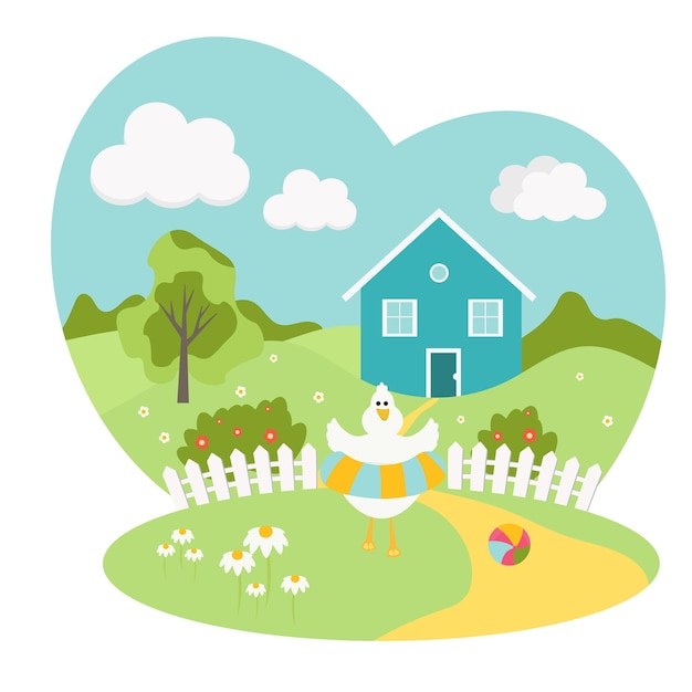 Summer rural landscape with trees and houses. cute goose with a lifebuoy. vector flat illustration.