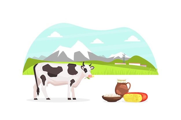 Vettore paesaggio rurale di montagna estivo e mucche al pascolo prodotti agricoli ecologici freschi e sani illustrazione vettoriale