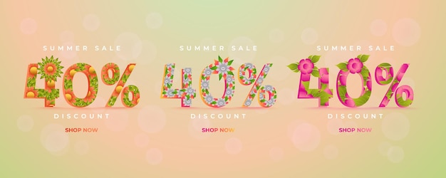 Summer sale 40 discount social media poster ad text combo set design with colorful flower