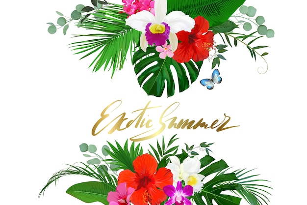 Summer sale background with orchid,hibiscus flowers and palm , monstera leaves for web designs