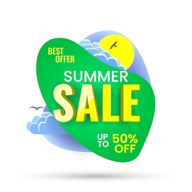 Summer sale banner best offer up to 50 off Gradient liquid shapes with sun clouds and birds