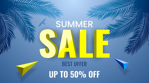 Summer sale banner, best offer, up to 50% off. tropical theme with palm branches.