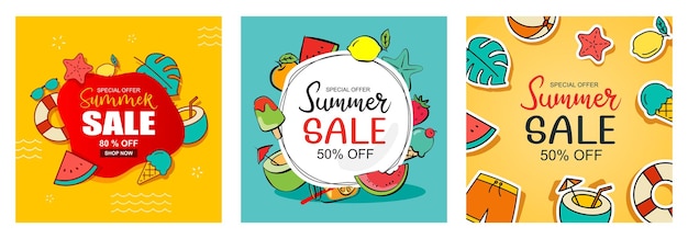 여름 판매 배너 표지 템플릿 배경 손으로 그린 스타일의 여름 할인 특별 제공