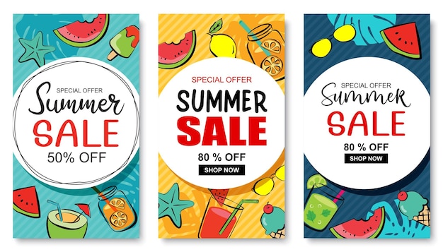 Summer sale banner cover template background Summer discount special offer in hand drawn style