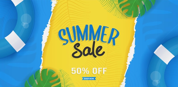 Summer sale banner design with beach elements and tropical leaves