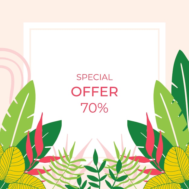 Summer sale banner design with tropical leaves background. Floral background vector. Palm leaves, monstera leaf, botanical background design for wall framed prints, wall art, invitation, poster