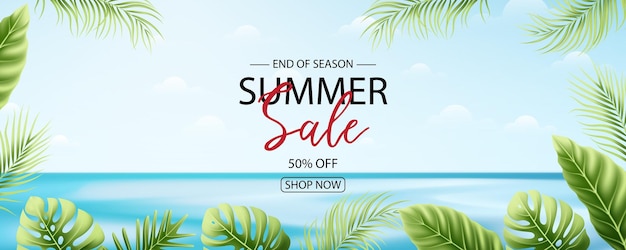 Summer sale banner design with tropical leaves background