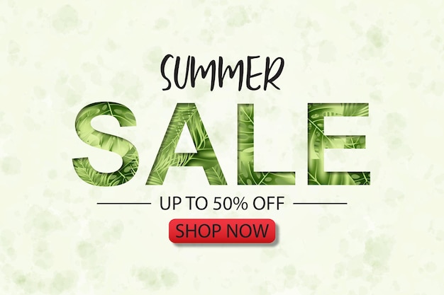 Vector summer sale banner design with tropical leaves background