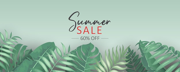 Summer sale banner design with tropical leaves  