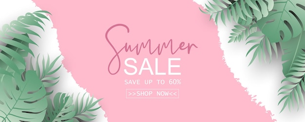 Summer sale banner design with tropical leaves 