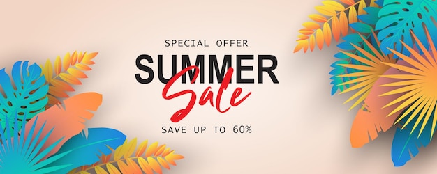 Summer sale banner design with tropical leaves