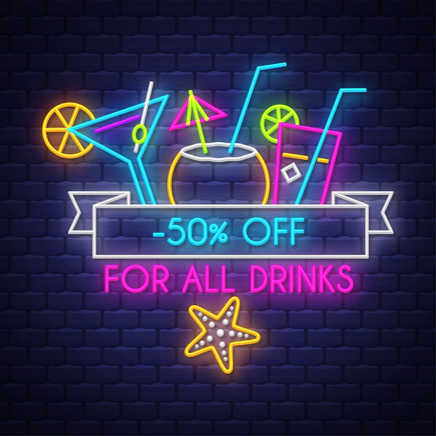 Summer sale banner for drinks. neon sign