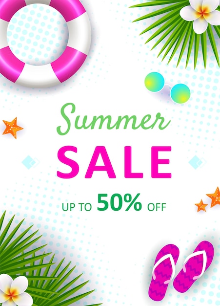 Summer sale banner hot season kortingsposter met tropische bladeren ijs watermeloen en zonnebril