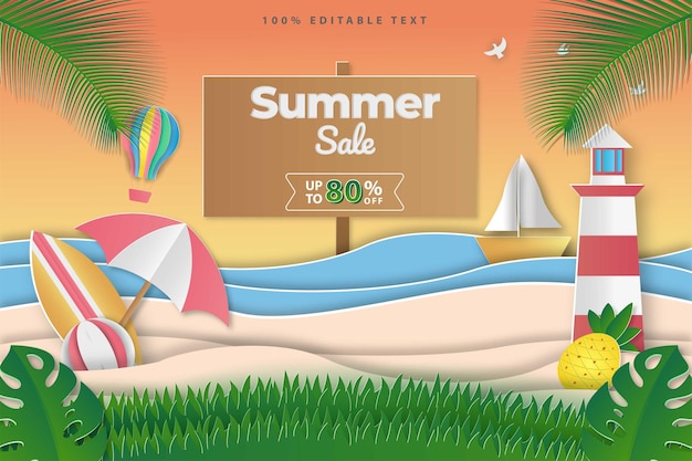 편집 가능한 텍스트 효과와 Papercut 스타일의 여름 판매 배너