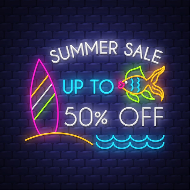 Vector summer sale banner. neon sign letterting.