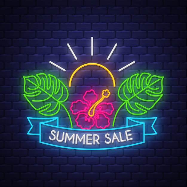 Vector summer sale banner. neon sign letterting.