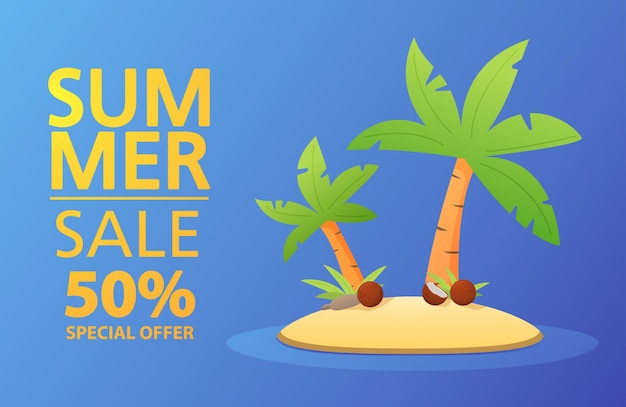 Banner saldi estivi offre uno sconto isola tropicale con palme e noci di cocco