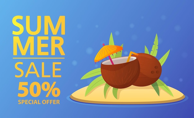 Summer sale banner Offers a discount Tropical island with palm trees and coconuts