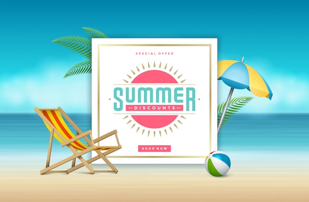 Summer sale banner online shopping on beach.