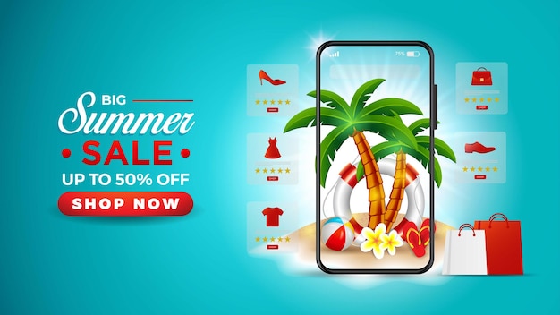 スマートフォンとエキゾチックなヤシの木とオンラインで夏のセールバナー無料