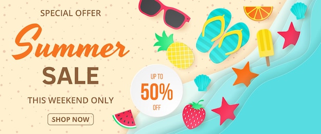 Summer sale banner paper cut vector