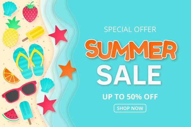 Summer sale banner paper cut vector