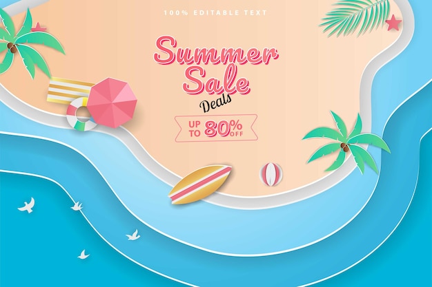 Vector summer sale banner in papercut style top view aerial with editable text effect