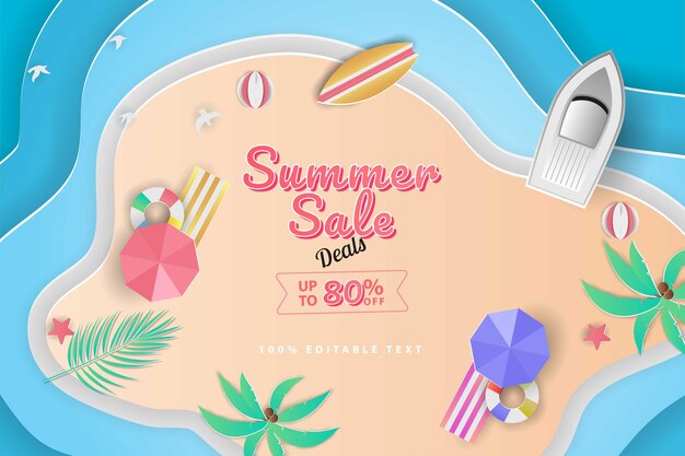 Summer sale banner in papercut style top view aerial with editable text effect